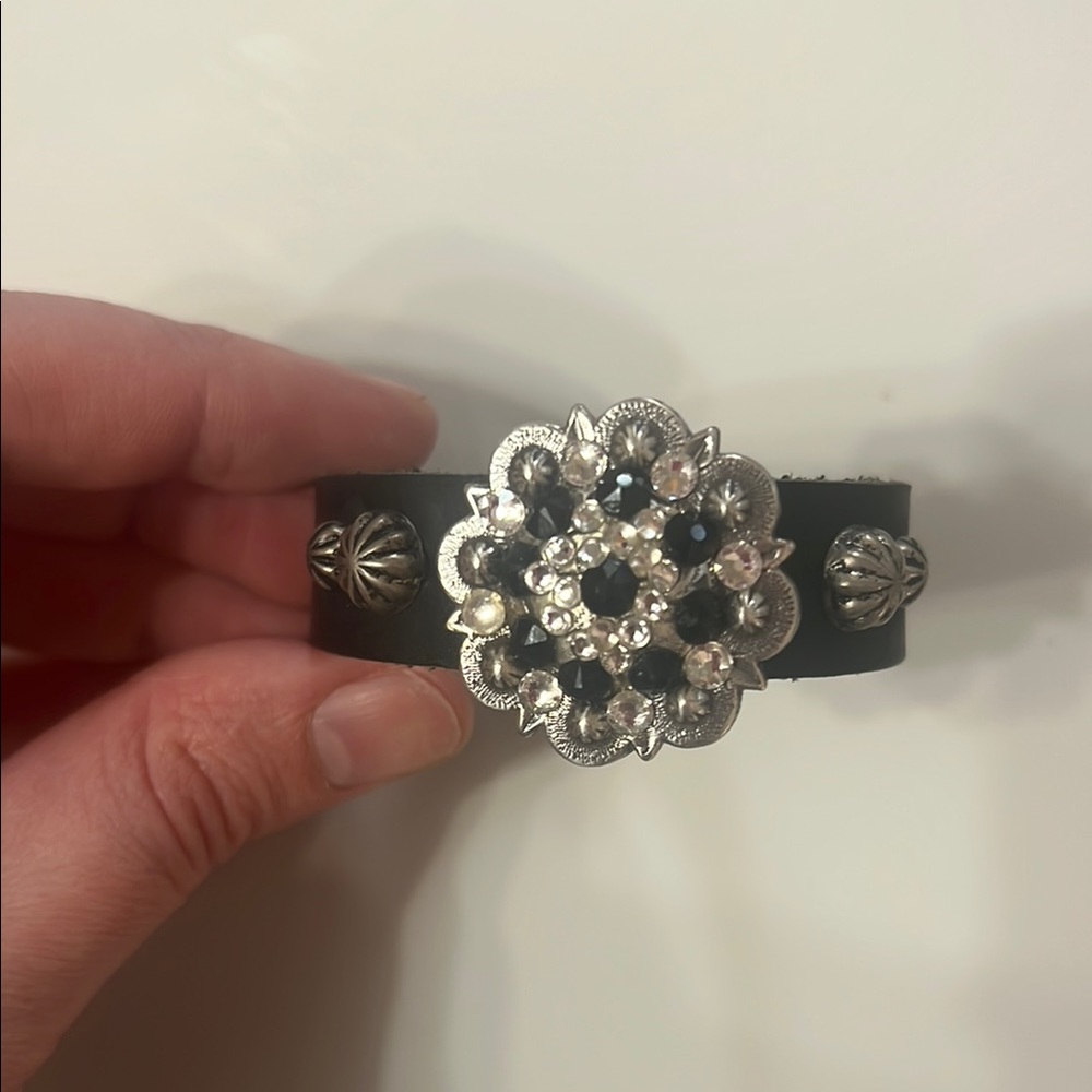 Black Leather Bracelet with Silver Floral Accent